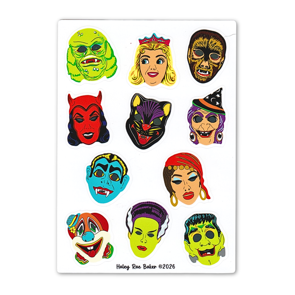 Halloween Masks Sticker Sheet, Vinyl, Rainbow, Glossy, Costume, Monster, Horror