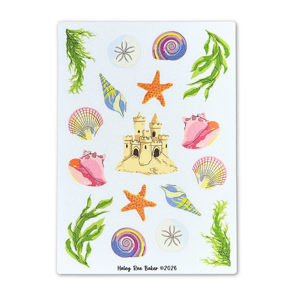 Seashells, Sand, and Seaweed Sticker Sheet, Frosted Glitter Vinyl, Beach, Nature, Ocean