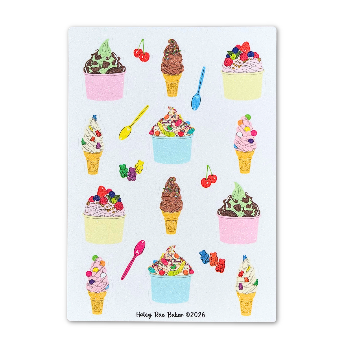 Frozen Yogurt and Toppings Sticker Sheet, Frosted Glitter Vinyl, Cups and Cones, Dessert, Food