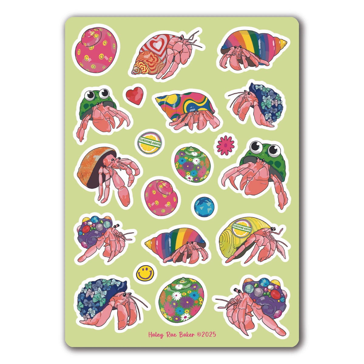 Bedazzled and Decorated Hermit Crabs Sticker Sheet, Vinyl, Rainbow, Glossy