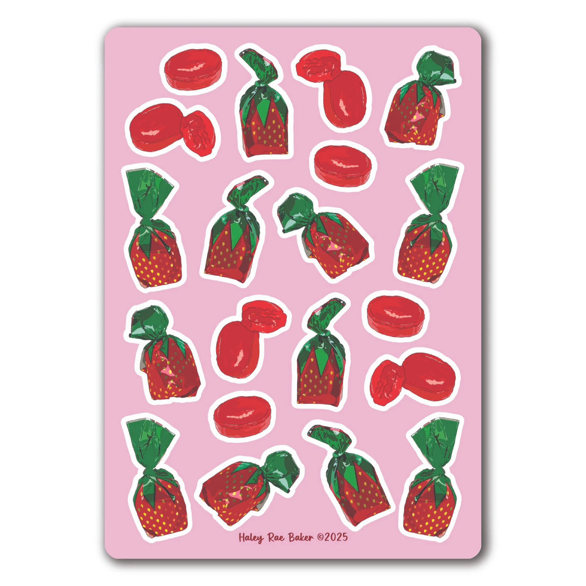Strawberry Bon Bon Hard Candy Sticker Sheet, Vinyl, Glossy