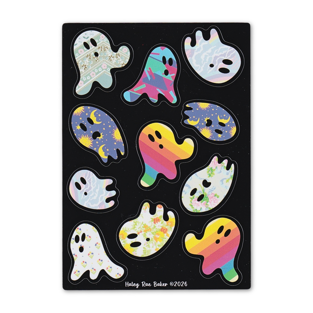 Novelty Sheet Ghosts Sticker Sheet, Vinyl, Glossy, Halloween, Spooky, Nostalgia