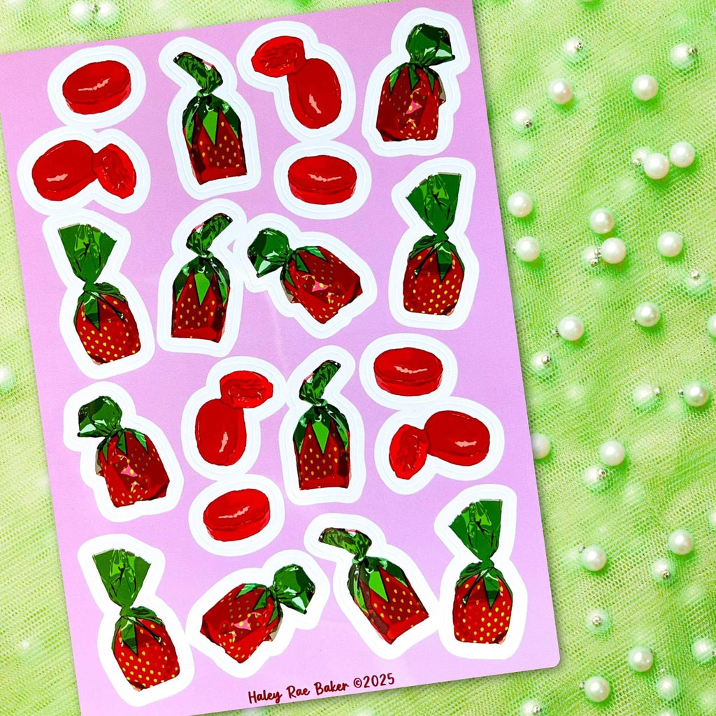 Strawberry Bon Bon Hard Candy Sticker Sheet, Vinyl, Glossy