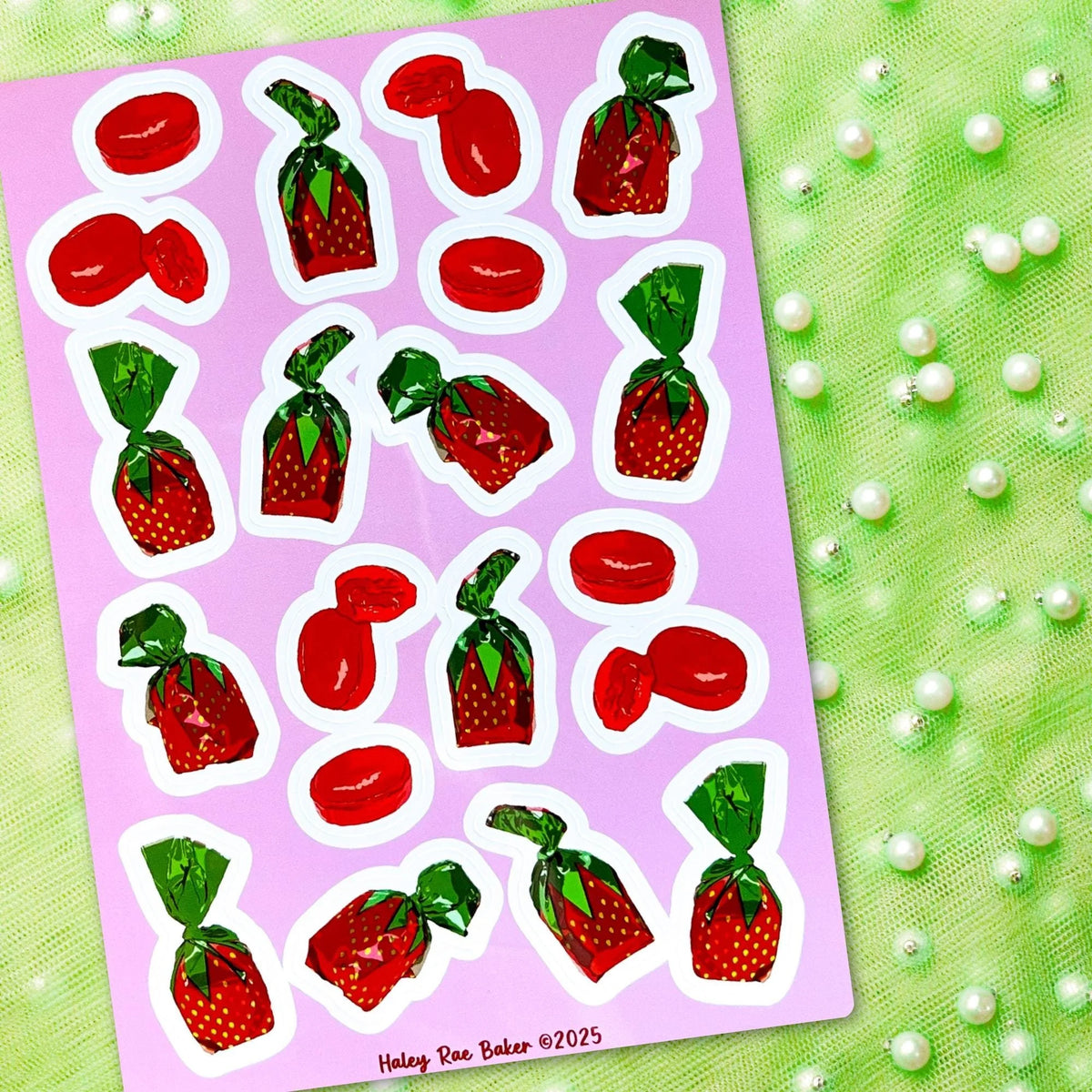 Strawberry Bon Bon Hard Candy Sticker Sheet, Vinyl, Glossy
