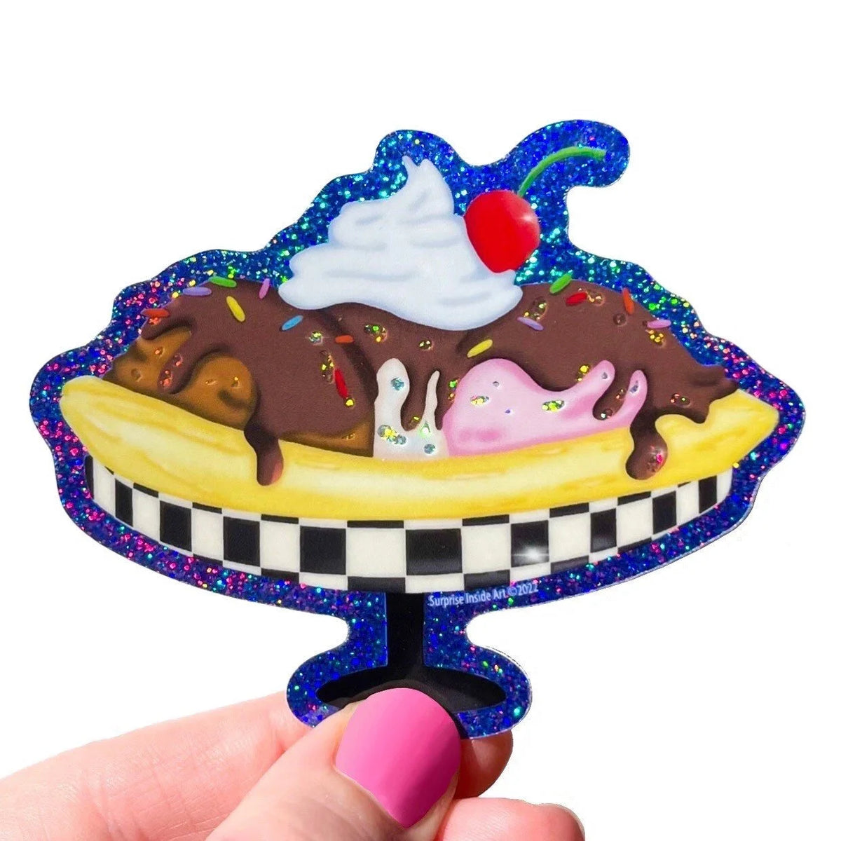 Fairydust Sparkle Vinyl Banana Split Ice Cream Sundae Sticker, glitter, sparkle, checkers, retro
