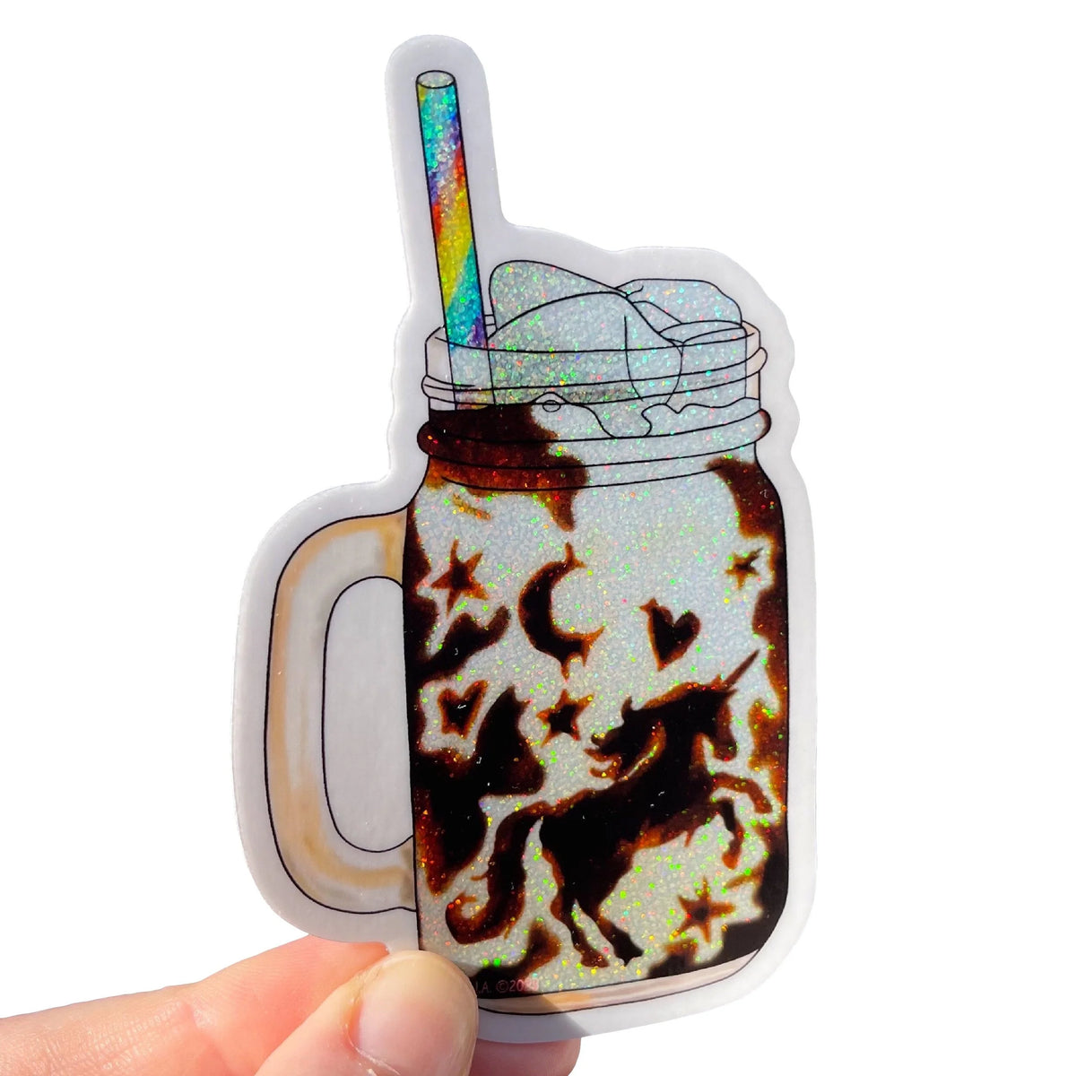Fairydust Sparkle Vinyl Unicorn Iced Coffee Sticker, Rainbow Straw, Moon and Stars, Latte, Cream, Waterproof