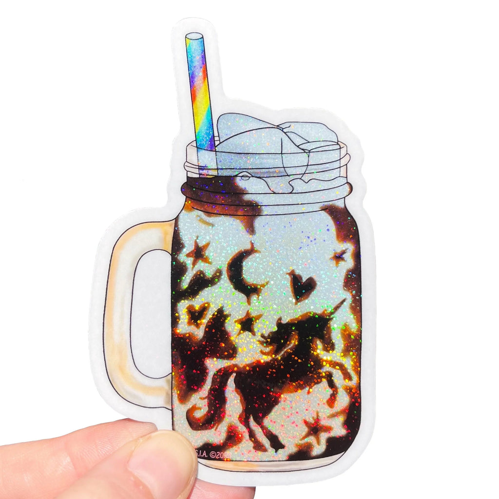 Fairydust Sparkle Vinyl Unicorn Iced Coffee Sticker, Rainbow Straw, Moon and Stars, Latte, Cream, Waterproof
