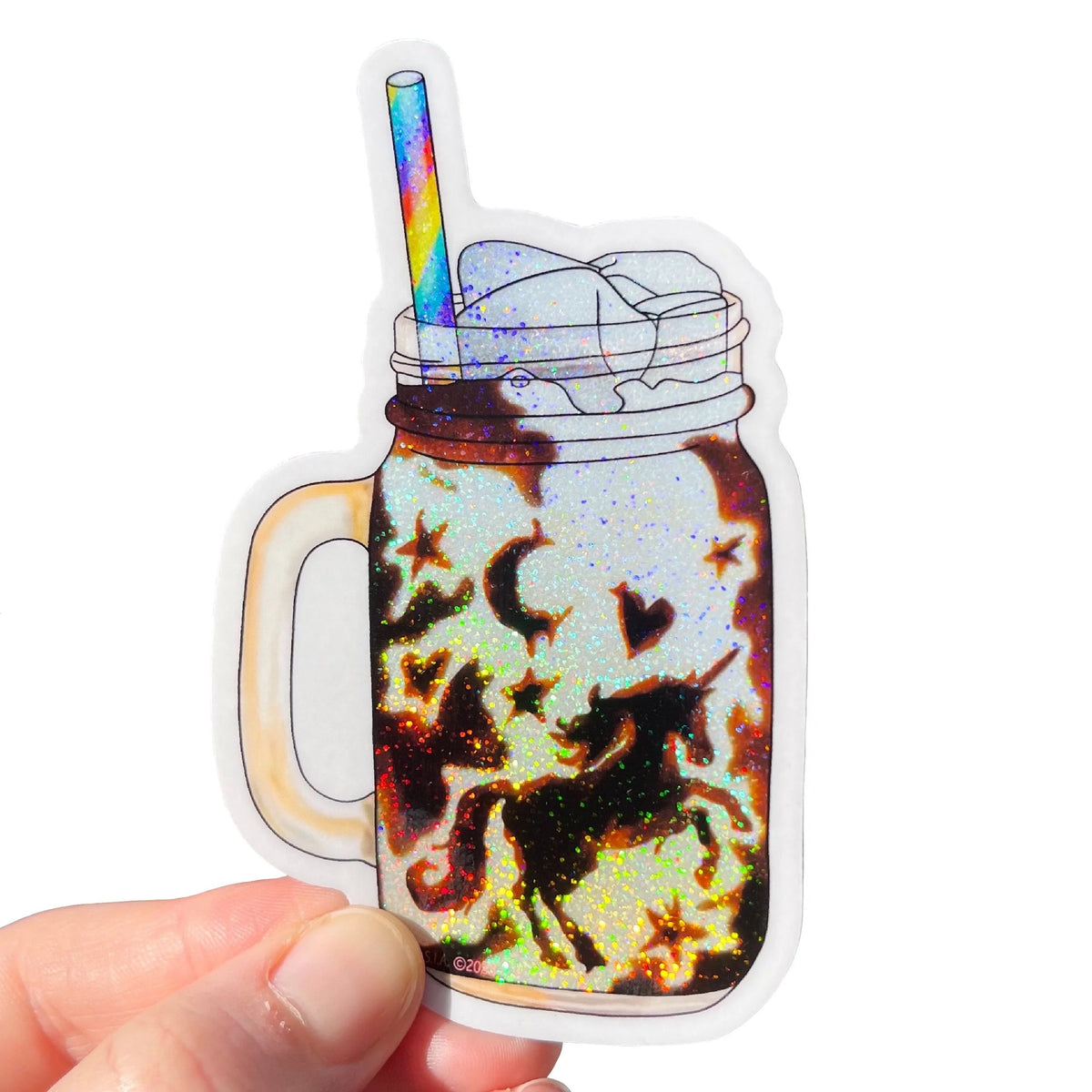 Fairydust Sparkle Vinyl Unicorn Iced Coffee Sticker, Rainbow Straw, Moon and Stars, Latte, Cream, Waterproof