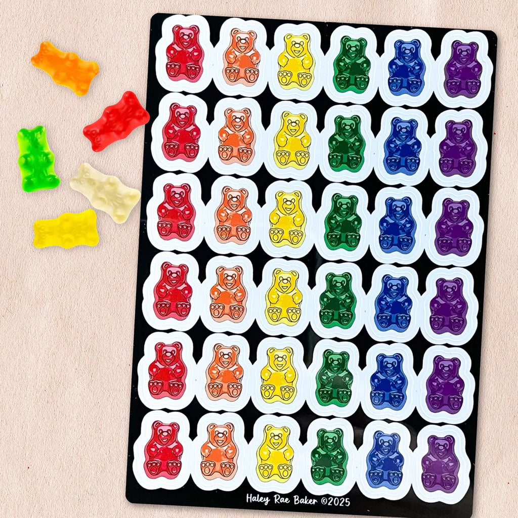 Rainbow Gummy Bears Sticker Sheet, Vinyl, Multicolor, Glossy, Candy