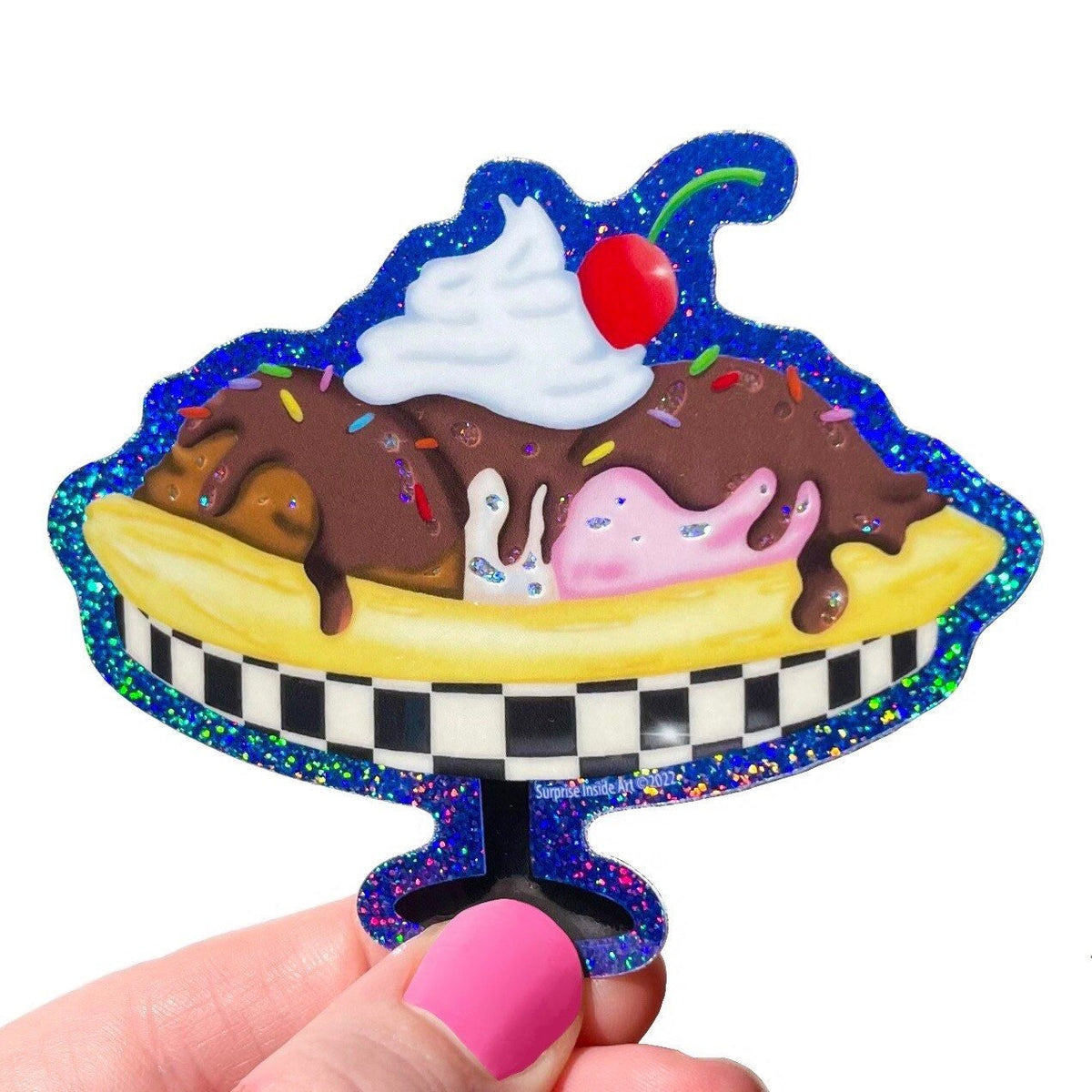 Fairydust Sparkle Vinyl Banana Split Ice Cream Sundae Sticker, glitter, sparkle, checkers, retro