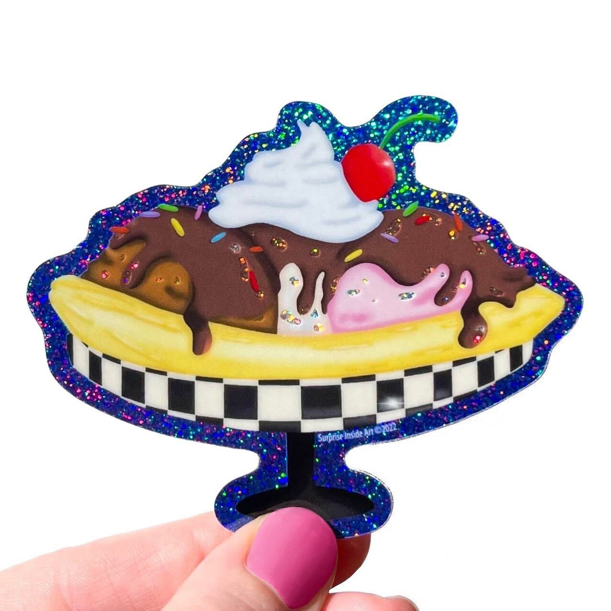Fairydust Sparkle Vinyl Banana Split Ice Cream Sundae Sticker, glitter, sparkle, checkers, retro