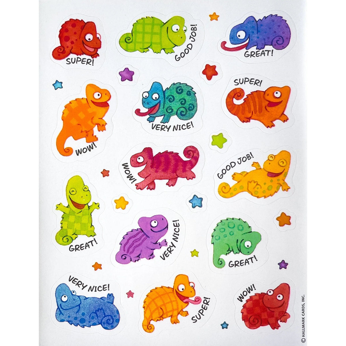 Vintage Hallmark Praise and Affirmation Rainbow Chameleons Sticker Sheet, Stars, Cute