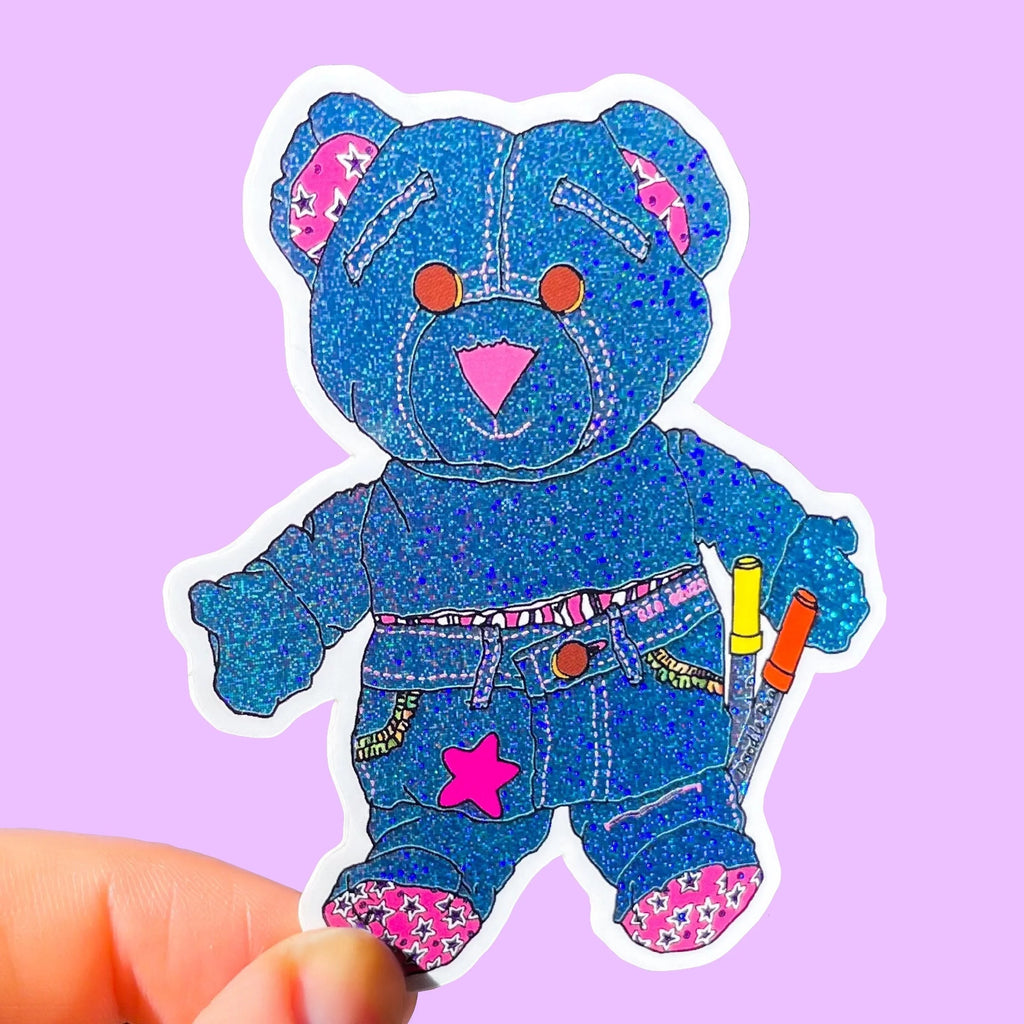 Super Sparkle Vinyl Doodle Bear Sticker, Waterproof, 90s, vintage toys, plush