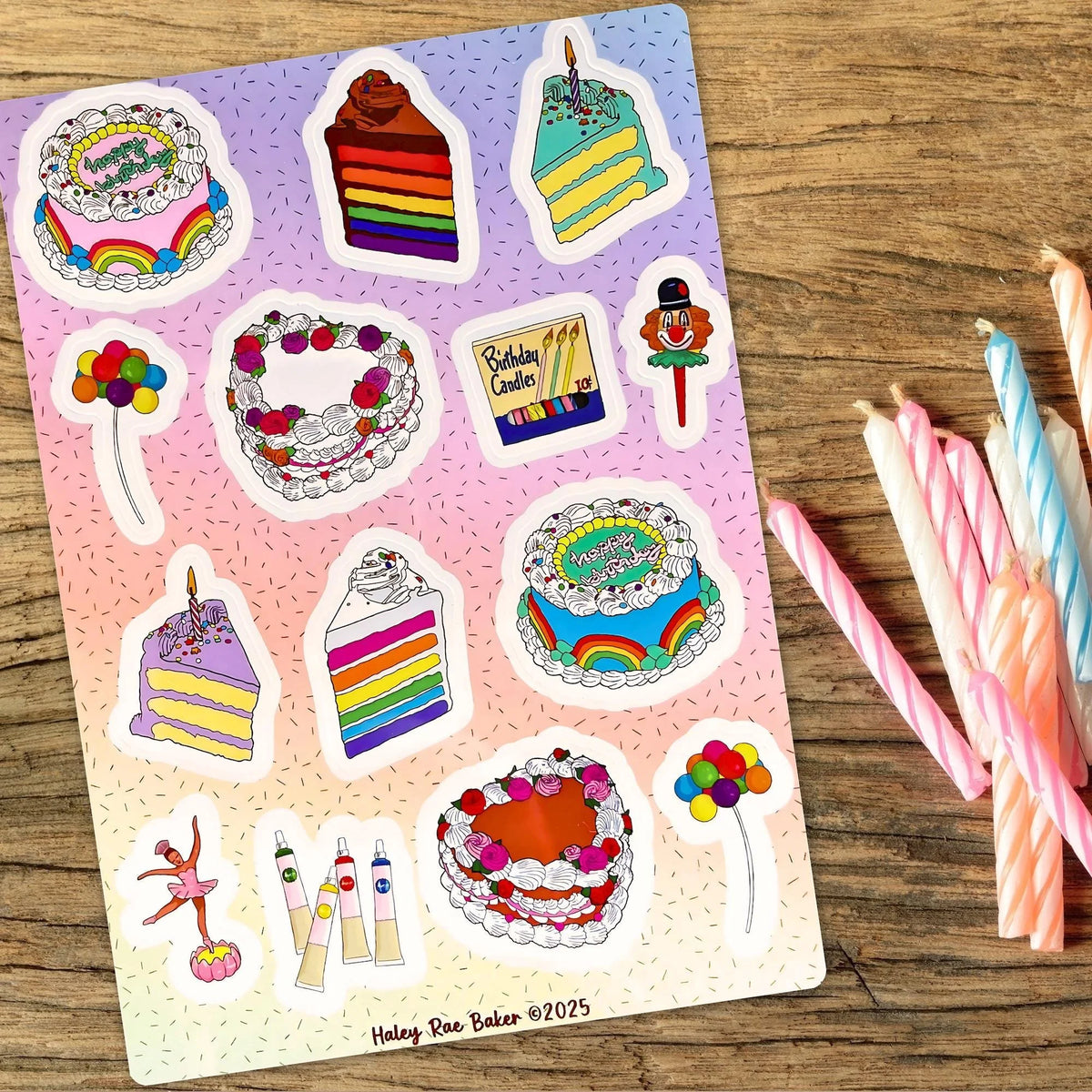 Frosted and Decorated Birthday Cakes Sticker Sheet, Vinyl, Rainbow, Glossy, Clown, Ballerina, Candles