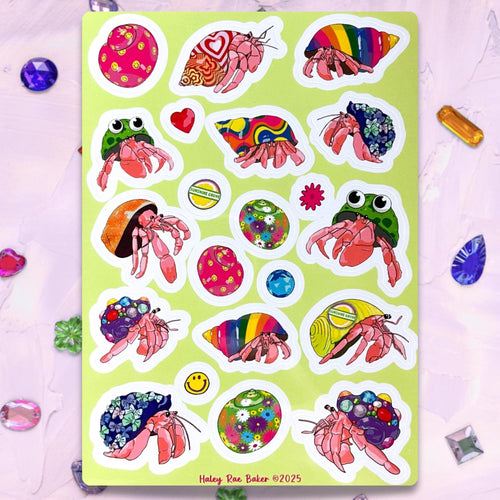 Bedazzled and Decorated Hermit Crabs Sticker Sheet, Vinyl, Rainbow, Glossy
