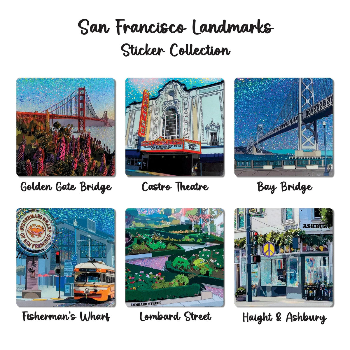 San Francisco Landmarks Sticker Collection, Super Sparkle, Vinyl, California, Weatherproof